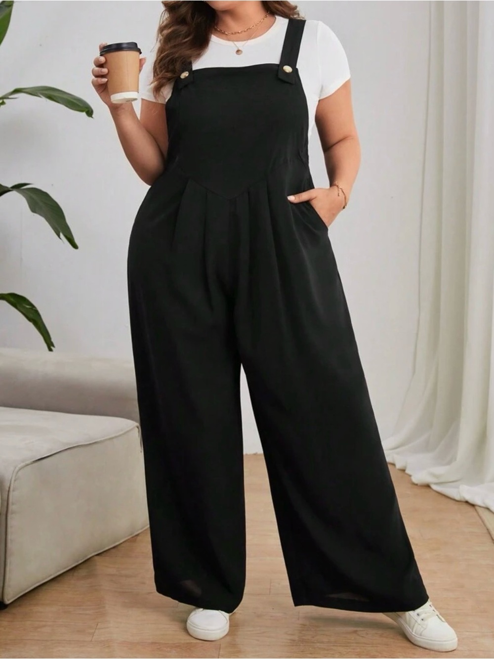 SHEIN Essnce Plus Solid Wide Leg Overall Jumpsuit Without Tee